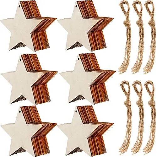 Tatuo 60 Pieces Natural Wooden Star Cutouts Shape Wooden Star Embellishments and 60 Pieces Natural Twine for Christmas Home Party Decoration