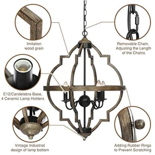 KingSo Pendant Light 4 Light Rustic Metal Chandelier 27.5 Oil Rubbed Bronze Finish Wood Texture Industrial Ceiling Hanging Light Fixture for Indoor Kitchen Island Dining Living Room Farmhouse