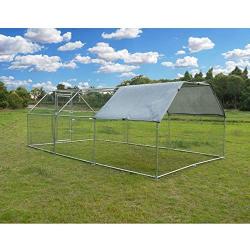 Large Metal Chicken Coop Walk-in Poultry Cage Hen Run House Rabbits Habitat Cage Flat Roofed Cage with Waterproof and Anti-Ultraviolet Cover for Outdoor Backyard Farm Use (9.2 L x 18.4 W x 6.4 H)