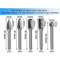 Tonsiki 5 Pieces 10mm Head Tungsten Carbide Rotary Burr Carving Bit Set with 1/4 Inch(6mm) Shank for DIY Woodworking, Carving, Engraving, Drilling