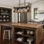 Lingkai Industrial Kitchen Island Light 3-Light Wood Chandelier Farmhouse Pendant Hanging Light Fixture Rectangle Wood Frame Metal Caged Ceiling Light