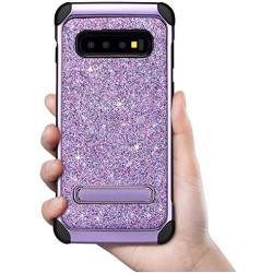 UARMOR Case for Galaxy S10, Galaxy S10 Glitter Case, Samsung S10 Case, Luxury Glitter Bling Shockproof Kickstand Hybrid Sparkly Shiny PU Leather Hard Cover Case for Samsung Galaxy S10, Purple