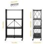 Foldable Shelving Unit Storage Rack on Wheels Large Capacity, Heavy Duty Steel 4-Shelf Organizer with Hooks, Black