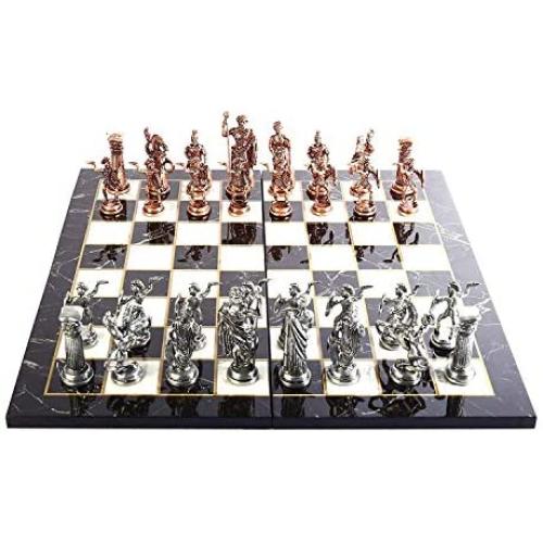 Historical Antique Copper Rome Figures Metal Chess Set for Adults, Handmade Pieces and Marble Design Wood Chess Board King 4.3 inc