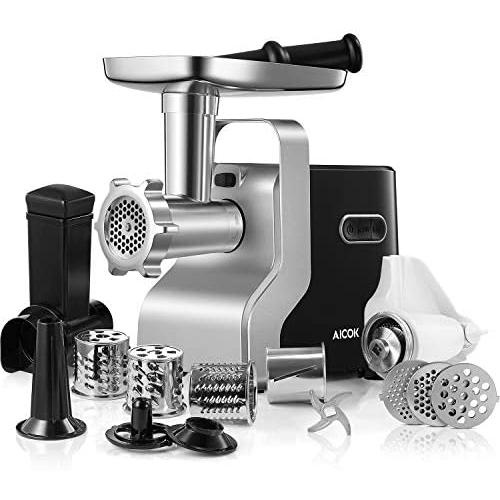 Electric Meat Grinder, 2500W Max Powerful AICOK MG2950R 5-IN-1 Meat Mincer with Sausage Stuffer, Vegetable Slicer, Tomato Juicer, Kubbe Kits, 3 Grinding Plates, 3-Speed, 10 Pounds/Min