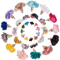 SUNNYCLUE 60pcs 3 Style 3D Cloth Flower Charms Pendants Fabric Floral Petal Tassel with Metal Caps Key Chain for Jewelry Making