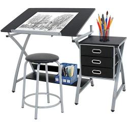 HomGarden Adjustable Drawing Desk Drafting Table Folding Art Craft Table Station w/Stool and 3 Storage Drawers