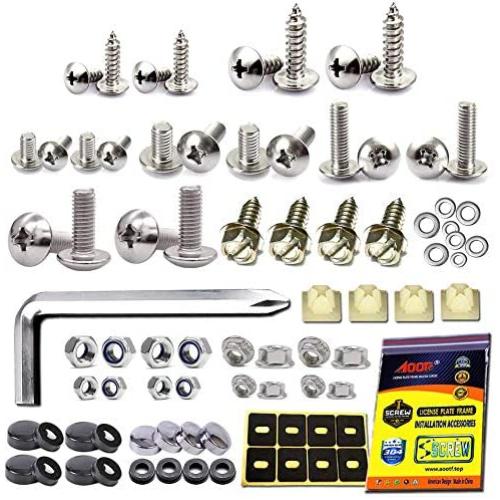 Aootf License Plate Screws Fasteners - Rust Stainless Steel Screws License Plate Bolts Fasteners for License Plates & Plate Frame on Cars Trucks, Black & Chrome Screw Caps | Fasteners Kit -81 PC