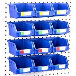 Pegboard Bins - 12 Pack Blue Large - Hooks to Any Peg Board - Organize Hardware, Accessories, Attachments, Workbench, Garage Storage, Craft Room, Tool Shed, Hobby Supplies, Small Parts