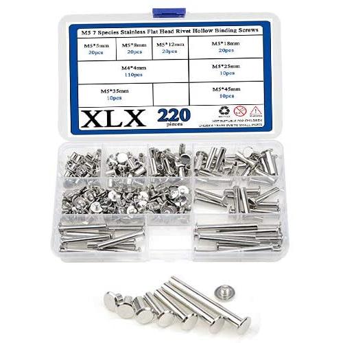 XLX 220PCS(110 Set) M5 7 Species Stainless Flat Head Rivet Hollow Binding Screws  T-Shape Round Docking Rivet Assortment Kit for Scrapbook Album Binding and Leather Repair