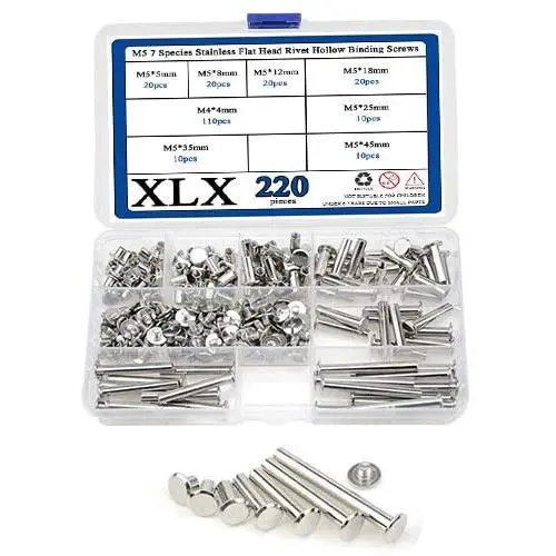 XLX 220PCS(110 Set) M5 7 Species Stainless Flat Head Rivet Hollow Binding Screws T-Shape Round Docking Rivet Assortment Kit for Scrapbook Album Binding and Leather Repair XLX 220PCS(110 Set) M5 7 Species Stainless Flat Head Rivet Hollow Binding Screws T-Shape Round Docking Rivet Assortment Kit for Scrapbook Album Binding and Leather Repair