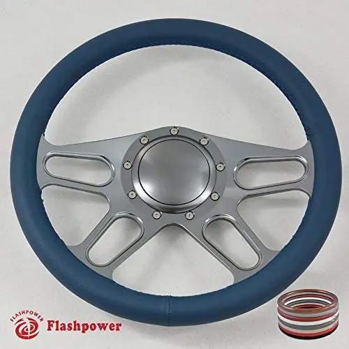 14'' Gun Metal Billet Steering Wheel Full Wrap with Horn Button-Blue 14'' Gun Metal Billet Steering Wheel Full Wrap with Horn Button-Blue