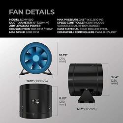 TerraBloom ECMF-250, Quiet 10'' Inline Duct Fan with 0-100% Variable Speed Controller, Air Tight Metal Casing, Energy Efficient EC Motor. Heating and Cooling Booster and Exhaust Blower For Grow Rooms