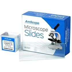 AmScope BS-50P-100S-22 Pre-Cleaned Blank Ground Edge Glass Microscope Slides and 100pc Pre-Cleaned Square Glass Cover Slips Coverslips