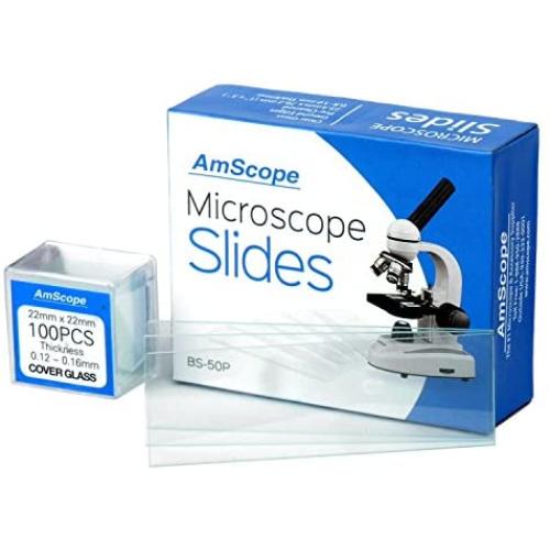 AmScope BS-50P-100S-22 Pre-Cleaned Blank Ground Edge Glass Microscope Slides and 100pc Pre-Cleaned Square Glass Cover Slips Coverslips