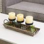 MyGift 3-Pillar Metal Candle Holders with Rustic Torched Wood Tray and Artificial Succulent/Pine Cone Decorations