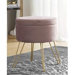 Ornavo Home Modern Round Velvet Storage Ottoman Foot Rest Stool/Seat with Gold Metal Legs & Tray Top Coffee Table - Blush