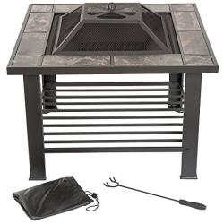 Fire Pit Set, Wood Burning Pit - Includes Screen, Cover and Log Poker - Great for Outdoor and Patio, 30 inch Square Marble Tile Firepit by Pure Garden