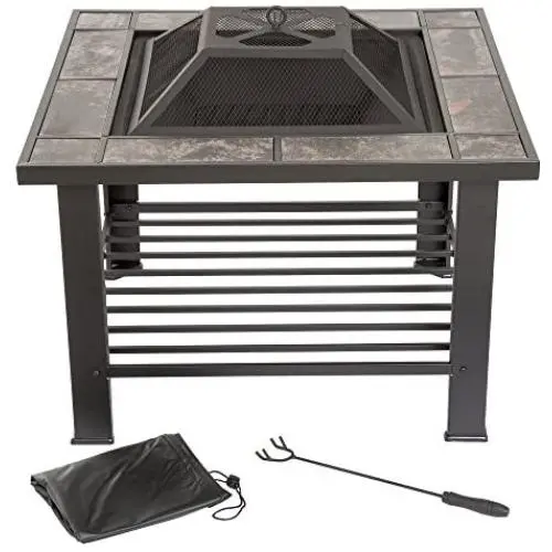 Fire Pit Set, Wood Burning Pit - Includes Screen, Cover and Log Poker - Great for Outdoor and Patio, 30 inch Square Marble Tile Firepit by Pure Garden Fire Pit Set, Wood Burning Pit - Includes Screen, Cover and Log Poker - Great for Outdoor and Patio, 30 inch Square Marble Tile Firepit by Pure Garden