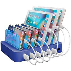 Hercules Tuff Charging Station for Multiple Devices, with 6 USB Fast Ports and 6 Short Mixed USB Cables Included for Cell Phones, Smart Phones, Tablets, and Other Electronics, Blue