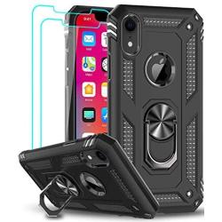 LeYi Compatible for iPhone XR Case with Tempered Glass Screen Protector [2Pack] for Women Men Teens, [Military-Grade] Protective Phone Case with Ring Kickstand for Apple iPhone XR 10 10 XR, Black