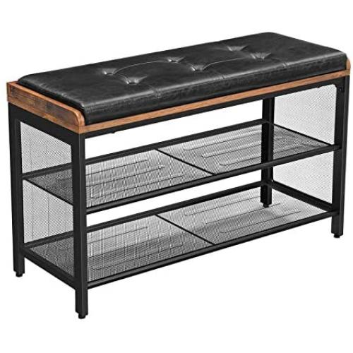 VASAGLE Storage Chests, Shoe Bench, Padded Storage Bench with Mesh Shelf, Shoe Rack, Metal Frame, Easy Assembly, Space Saving, Industrial, Black Imitation Leather, Hallway ULBS75X