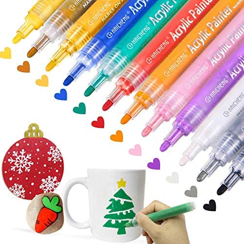 12 Colors Acrylic Paint Markers Paint Pens for Rocks, Wood, Metal, Glass, Plastic, Canvas, Ceramic, Photo Album, DIY Craft and School Project Works on Almost All Surfaces