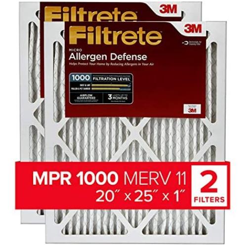 Filtrete 20x25x1, AC Furnace Air Filter, MPR 1000, Micro Allergen Defense, 2-Pack (exact dimensions 19.688 x 24.688 x 0.84)