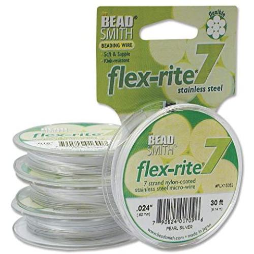 Pearl Silver Flex Rite Beading Stringing Wire .024 Inch 30 Feet Nylon Coated Stainless Steel 7 Strand Tigertail 38.8lb Break Stongest Thickest