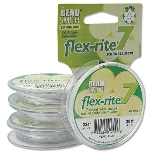 Pearl Silver Flex Rite Beading Stringing Wire .024 Inch 30 Feet Nylon Coated Stainless Steel 7 Strand Tigertail 38.8lb Break Stongest Thickest Pearl Silver Flex Rite Beading Stringing Wire .024 Inch 30 Feet Nylon Coated Stainless Steel 7 Strand Tigertail 38.8lb Break Stongest Thickest