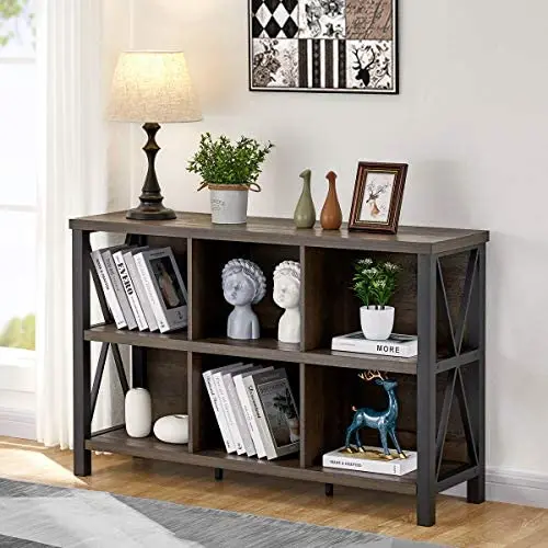 FATORRI Rustic 6 Cube Storage Organizer with Shelf, Wood and Metal Cubby Bookcase, Industrial Horizontal Bookshelf (Walnut Brown, 47 Inch)