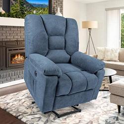 oneinmil Electric Power Lift Recliner Chair, Linen Recliners for Elderly, Home Sofa Chairs with Heat & Massage, Remote Control, 3 Positions, 2 Side Pockets and USB Ports, Blue Grey