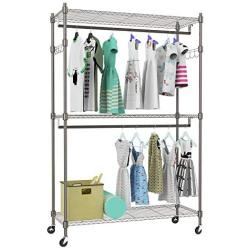 Kemanner Heavy Duty Rolling Garment Rack 3-Tiers Wire Shelving W/ Double Rods & Lockable Wheels & 1 Pair Side Hooks - Hold Up to 400Lbs (Gray, 2Rod 2Hook)