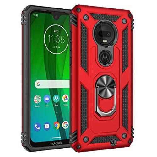 Rebex Compatible with Moto G7 Case Cover,Moto G7+ Plus Case,Tough Heavy Protective 360 Metal Rotating Ring Kickstand Holder Grip Magnetic Metal Armor Heavy Duty Shockproof(Red)