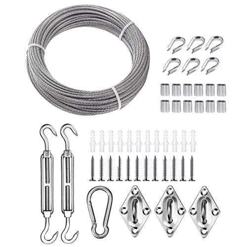 TooTaci Stainless Steel Sun Shade Sails Hardware Kit 5 inch for Triangle Sun Shade Sails Installation, 50FT/1/8'' PVC Coated Stainless Steel Metal Wire Cable Ropes Hardware Kits
