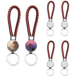 AQWJ 4PCS Sublimation Blanks PU Braided Rope Keychains，Metal Round Shape Rotary Blank Key Rings for Heat Press Sublimation Custom Personalised Sublimation Photo with Double Sides，Reddish Black