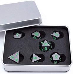 SIQUK Metal Polyhedral Dice Shiny Black Body and Dark Green Numbers Zinc Alloy Dice with Metal Case