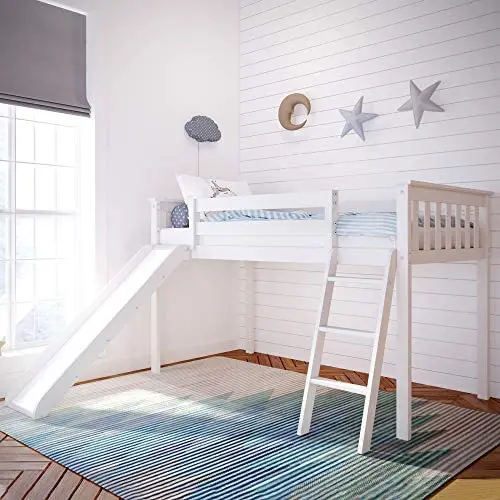 Max & Lily Solid Wood Twin-Size Low Loft Bed with Slide, White Max & Lily Solid Wood Twin-Size Low Loft Bed with Slide, White