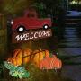 MorTime Hanging Train Welcome Sign with Pumpkin or Christmas Tree, 15'' Metal Train Yard Garden Stake Decor, DIY Thanksgiving Christmas Decorations