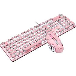 Basaltech Mechanical Gaming Keyboard and Mouse Combo, Retro Steampunk Vintage Typewriter-Style Keyboard with LED Backlit, 104-Key Anti-Ghosting Blue Switch Wired USB Metal Panel Round Keycaps, Pink