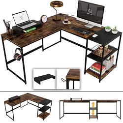 Nost & Host Switchable 59’’ L Shaped Corner Computer Desk with Free Monitor Stand & Headphone Rack, 94.5’’ 2 Person Extra Long Working Desk with Shelves, Home Office Gaming Table, Rustic Brown & Black