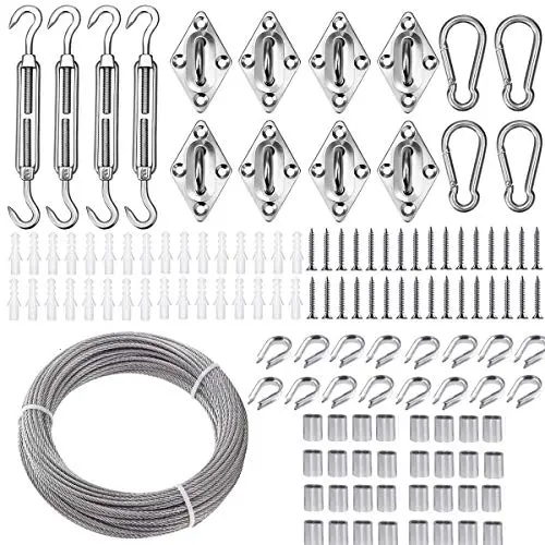 TooTaci Stainless Steel Sun Shade Sails Hardware Kit 5 inch for Triangle Rectangle Sun Shade Sails Installation, Includes 100FT/1/8'' PVC Coated Stainless Steel Metal Wire Cable Ropes Hardware -2 Bags