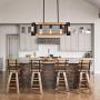 Lingkai Industrial Kitchen Island Light 3-Light Wood Chandelier Farmhouse Pendant Hanging Light Fixture Rectangle Wood Frame Metal Caged Ceiling Light