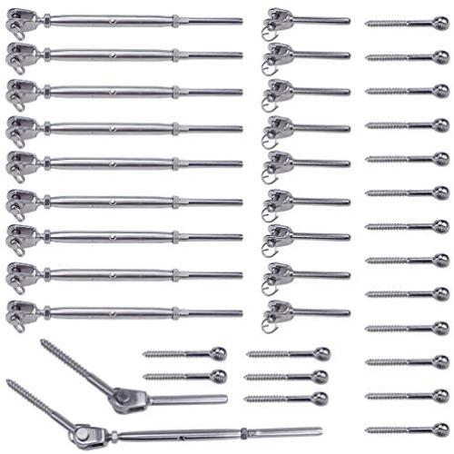 Muzata 10 Set Stainless Steel Cable Railing Kits for 1/8'' Wire Rope,Including 10Pack Jaw Swage Stud Turnbuckles,20Pack Fork Terminal Lag Screw Eyes,T316 Marine Grade CK08,Series CA1 CD1 CS1