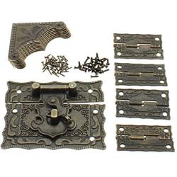 FDXGYH Antique Bronze Rectangular Hasp Latch Vintage Box Corner Protectors and Engraved Style Hinge with Matching Screws for Repair and Decorative Wooden Storage Box