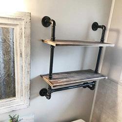 Ucared 2-Tier Vintage Industrial Pipe Bathroom Shelves Wall Mounted,24'' Rustic Wall Shelf with Bath Towel Bars,Farmhouse Towel Rack,Metal & Wooden Floating Shelves,Over The Toilet Storage Shelf