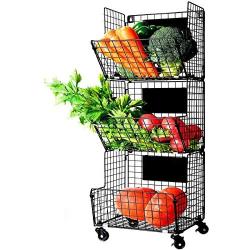 X-cosrack 3 Tier Metal Wire Baskets -Wall Storage Basket Organizer with Wheel, S-Hooks,Adjustable Chalkboards- Hanging Baskets for Kitchen,Fruit, Vegetables, Toiletries, Bathroom Rack(Black)