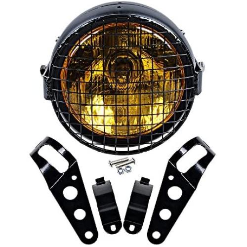 Set 6-1/2 Round Amber Lens Headlight + Metal Mesh Grille Cover + 35mm-43mm Headlamp Mount Brackets