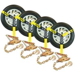 VULCAN Car Tie Downs with Chain Anchors - Lasso Style - 2 Inch x 96 Inch, 4 Pack - Classic Yellow - 3,300 Pound Safe Working Load