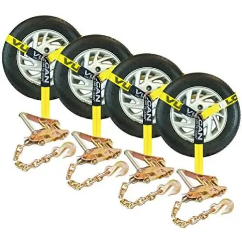 VULCAN Car Tie Downs with Chain Anchors - Lasso Style - 2 Inch x 96 Inch, 4 Pack - Classic Yellow - 3,300 Pound Safe Working Load VULCAN Car Tie Downs with Chain Anchors - Lasso Style - 2 Inch x 96 Inch, 4 Pack - Classic Yellow - 3,300 Pound Safe Working Load